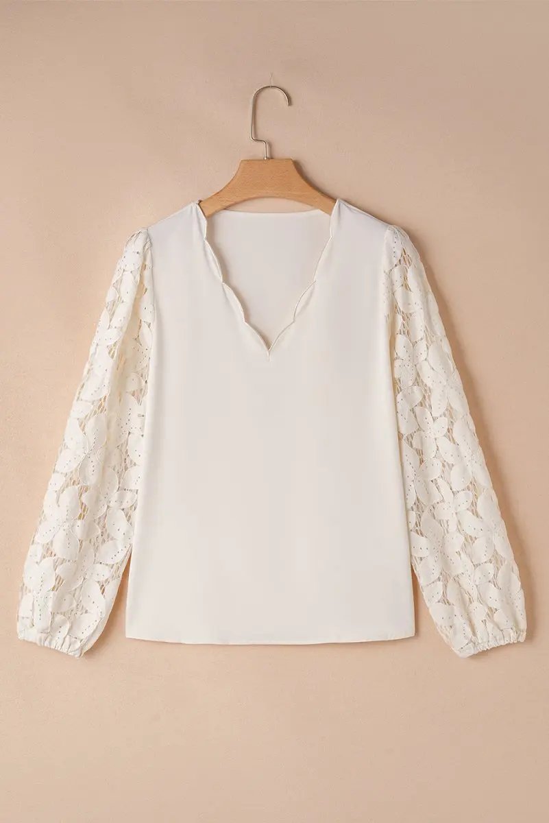 White Scalloped V Neckline Lace Hollowed Lantern Sleeve Blouse - Love Salve